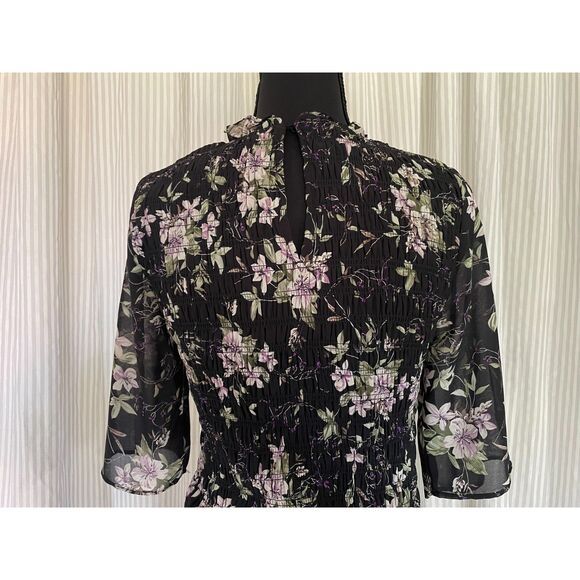 Code X Mode Ruffle Mock Neck Smocked Floral Midi Dress Feminine Boho Flowy Fairy - Picture 5 of 7